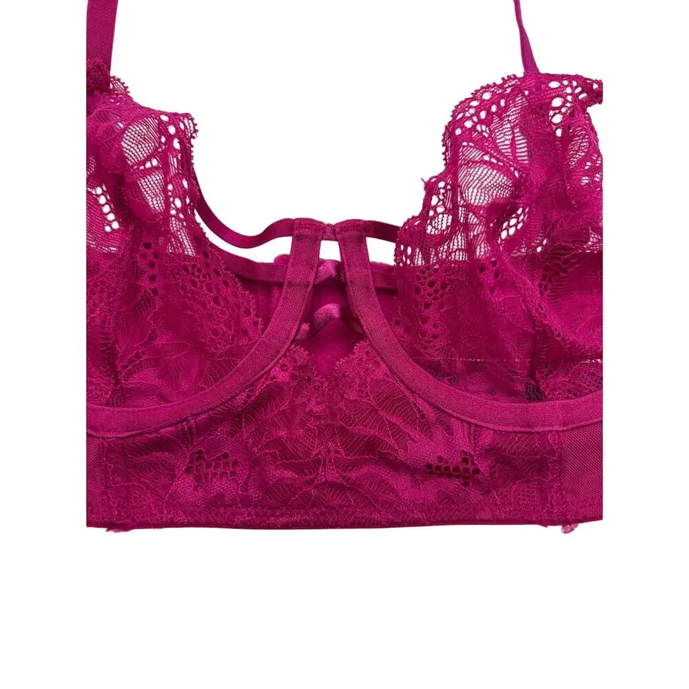 Adore Me Bra Longline Lace Strappy Balconette Underwire Back Closure Pink 32C